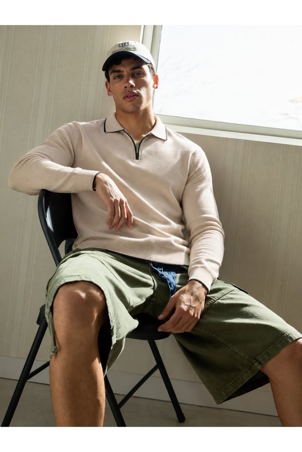 Men's Comfortable Premium Zippered Beige Sweater
