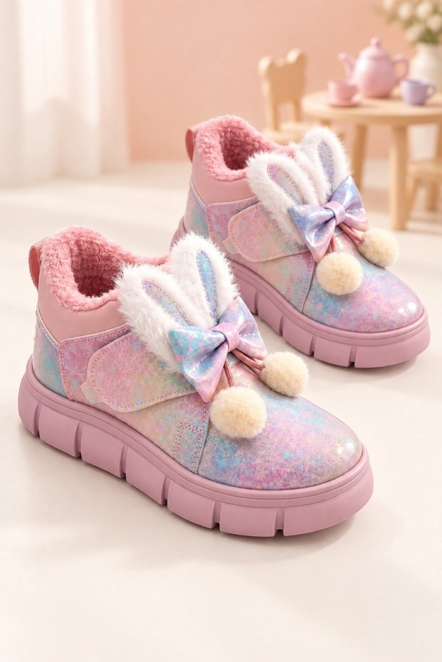 Pi̇pa Rabbit Ear Bow and Pompom Detailed Baby Girl Winter Boots with Fur Inside