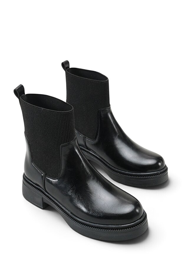 Black Patent Leather Women's Chelsea Boots with Stitched Sole and Elastic