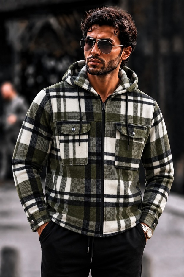 Men's Zippered Hooded Lumberjack Khaki Shirt