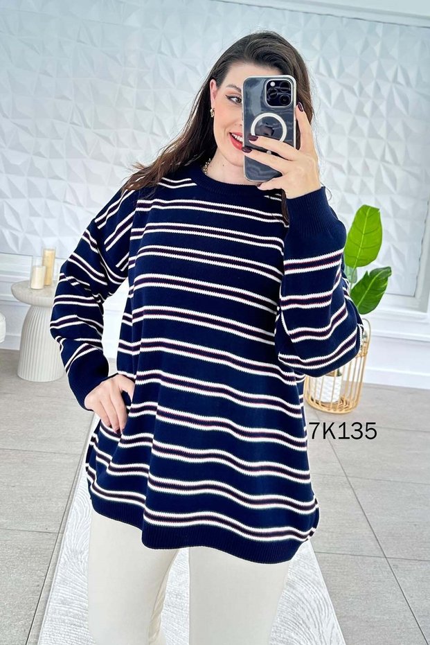 Crew Neck Striped Knitwear Blouse 7K135