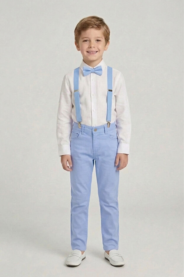 29 October 23 April Boy's Suit White Long Sleeve Shirt Baby Blue Pants Baby Blue Suspender Bow Tie