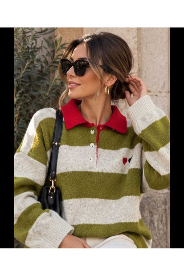Women's Thick Striped Heart Embroidered Polo Collar Buttoned Oversize Long Sleeve Knitwear Sweater
