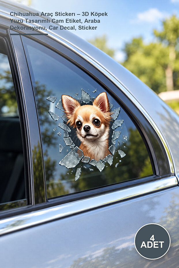4 Pieces of Chihuahua Car Stickers – 3D Dog Face Design Windshield Sticker, Car Decoration, Car Decal, Sticker