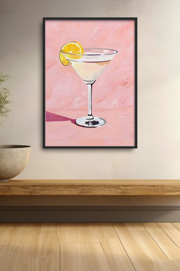 Pink Background Lemon Martini Framed Painting Cocktail Poster Bar Kitchen Decor Kok27