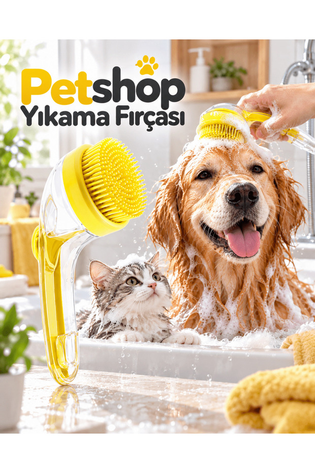 Cat and Dog Bath and Massage Brush with Shampoo Container and Soft Silicone Tip Washing Tool