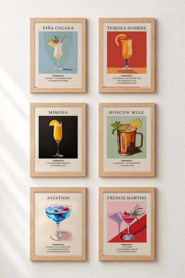 6 Piece Summer Cocktails Framed Painting Set Cocktail Posters Bar Kitchen Gallery Wall Six08