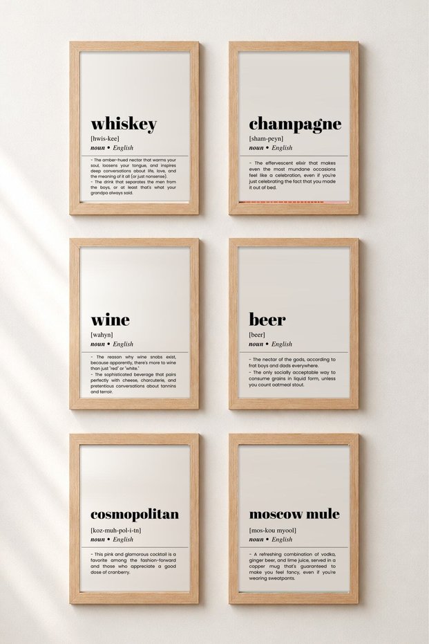 6 Piece Bar Dictionary Drink Definitions Framed Chart Set Cocktail Posters Bar Decor Six12