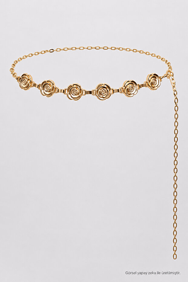 Rose Motif Metal Chain Belt Lkm0013 Gold