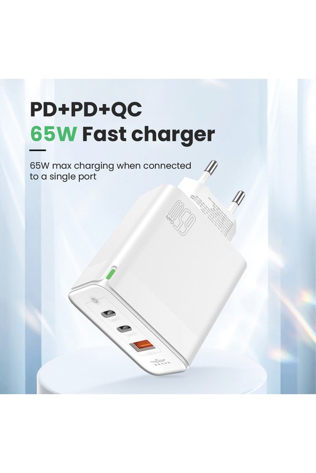 BTC-23 65W GaN 3-Port Fast Charger Dual USB-C + USB-A with Type-C to Lightning Cable - White