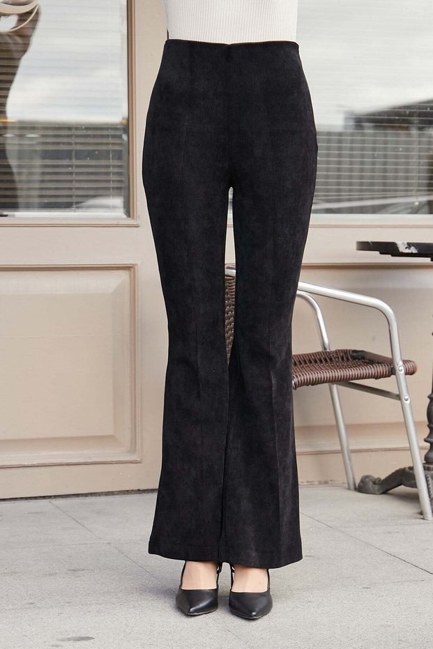 Women's Lycra Stretch Premium Velvet High Waist Spanish Leg Pants-Black
