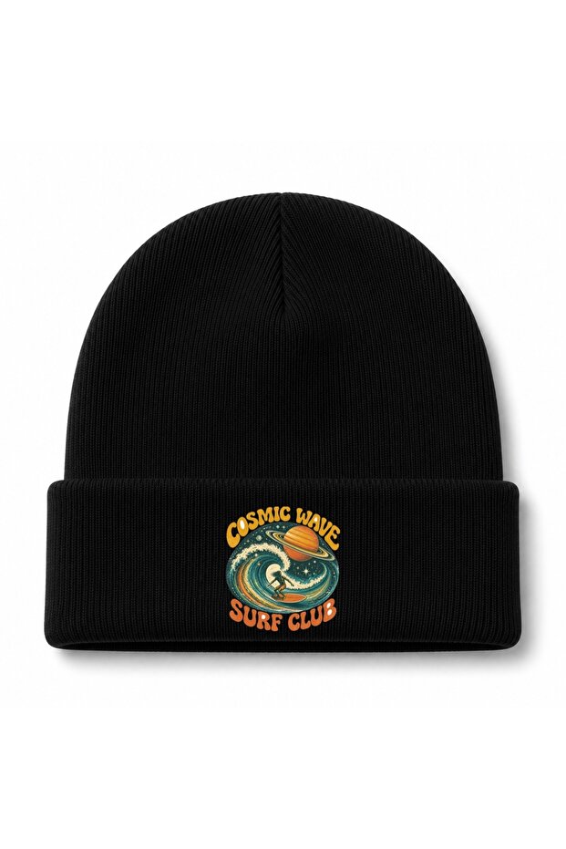 Cosmic Wave Surf Club Retro Space Surfer Graphic Beanie