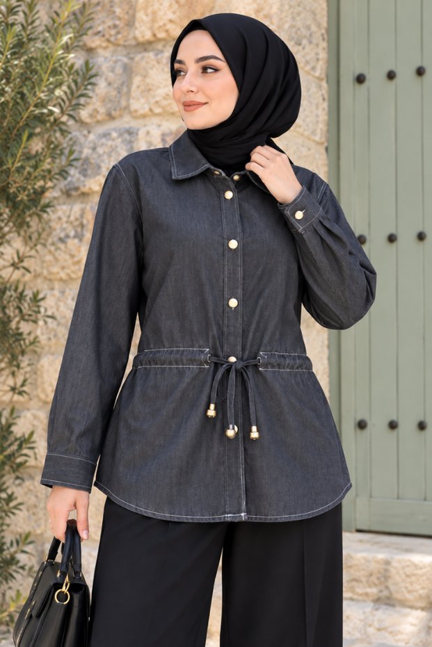 Women's Anthracite Denim Tunic Shirt with Tie at the Waist and Buttons, Long Sleeve