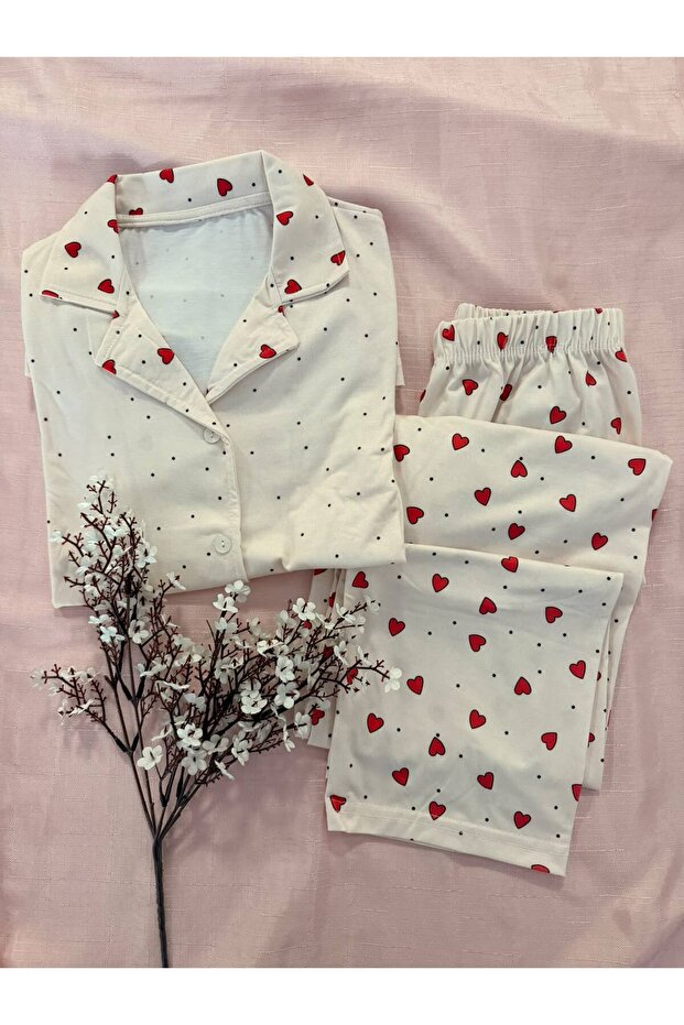 2-Piece Fifty Dot Heart Yellow Combed Cotton Short Sleeve Pajama Set