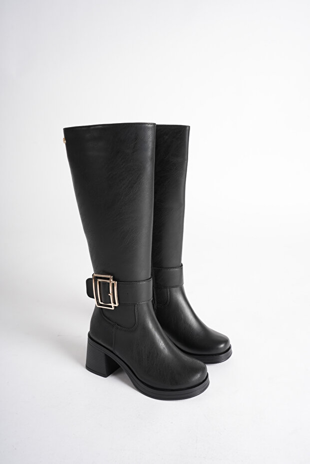 Women's Black Thick Sole Buckle Boots