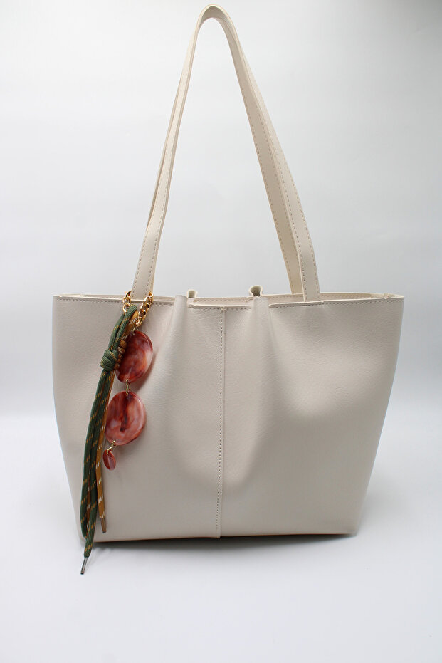 Women's Cream Large Size Zippered Hand, Arm and Shoulder Bag with Laces and Buckle Charms
