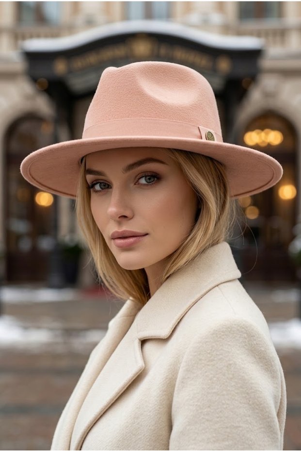 Women's Powder Pink Wide Brim Hard Felt Fedora Hat with Metal Buckle Belted Panama Cowboy Winter Hat