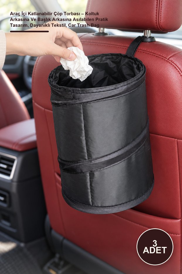 3 Pieces of Foldable Garbage Bags for the Car – Practical Design That Can Be Hanged Behind the Seat and Behind the Headrest, Durable Textile Material, Car Trash Bag