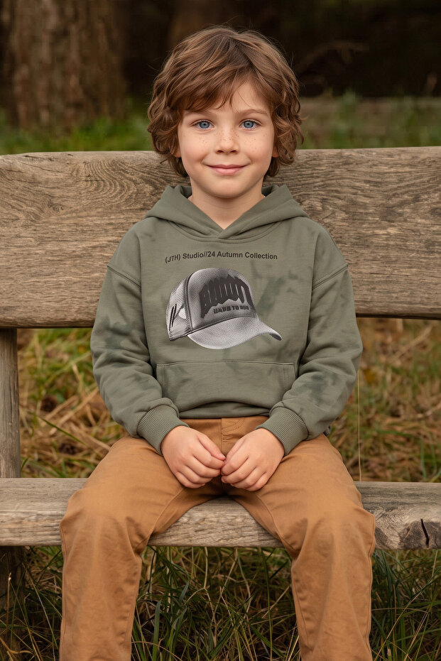 Hat Printed Hooded Kangaroo Pocket Boys' Sweatshirt
