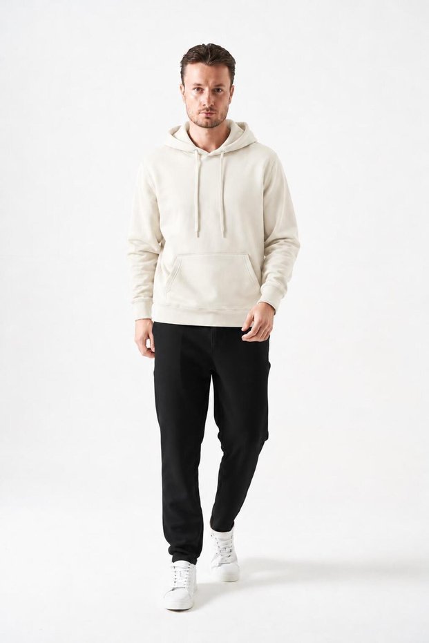 Men's Ecru Three-Strand Hooded Basic Sweatshirt