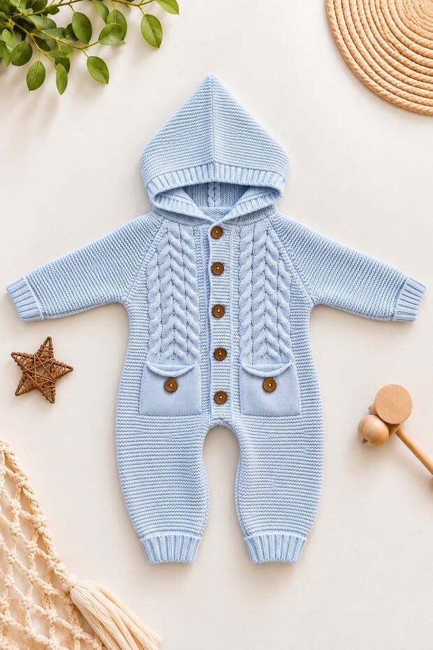 Baby knitted romper with hood, hair braid pattern, knitwear, wooden buttoned, pocketed, unisex for girls and boys, 3-12 months
