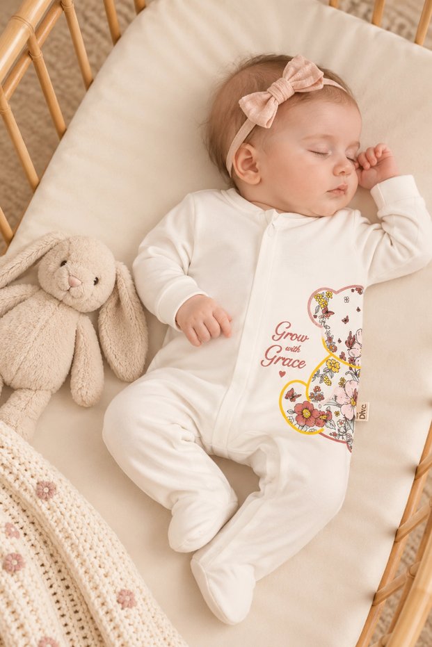 Baby Girl Cute Floral Bear Patterned Ecru Zippered Jumpsuit