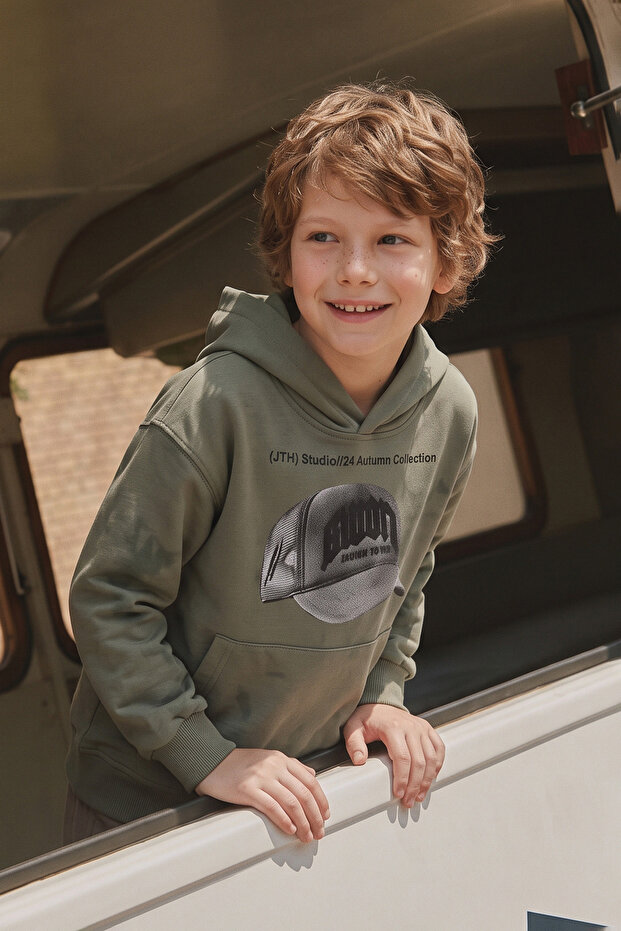 Hat Printed Hooded Kangaroo Pocket Boys' Sweatshirt