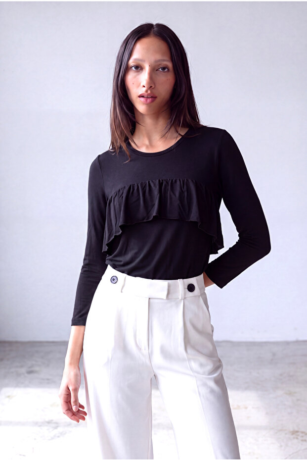 Women's Black Viscose Crew Neck 3/4 Sleeve Flounce Blouse Zane