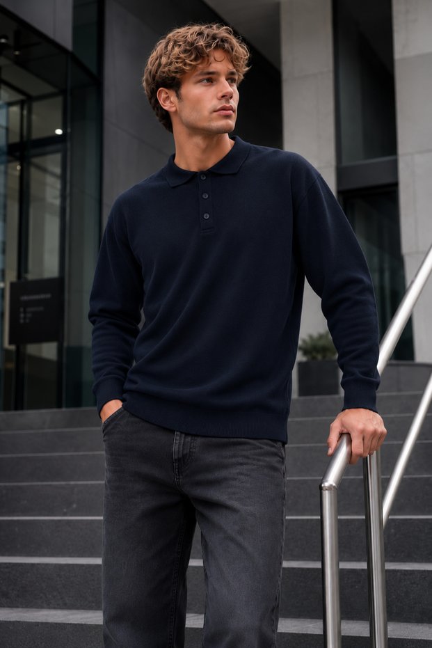 Men's Polo Neck Long Sleeve Knitwear Navy Blue Sweater