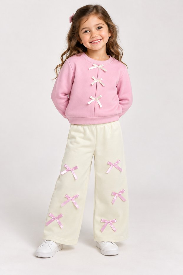 Girl's Bow Detailed 100% Cotton Embroidered 2-Piece Sweatshirt and Pants Set