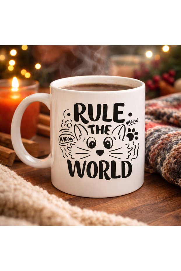 Rule the World Cat Patterned Porcelain Mug Model 61 Coffee Cup with Cute Cat Figure