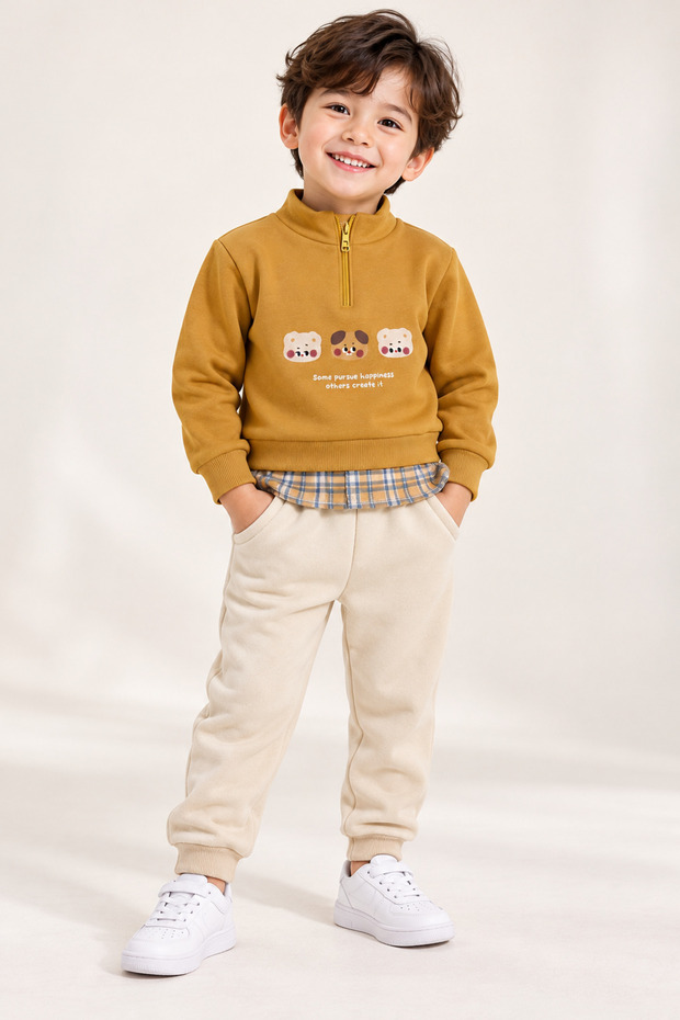 Boy's Plaid Detailed Sweatshirt and Pants 3 Thread 2-Piece Set