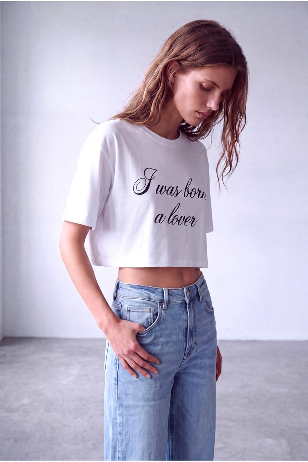 Women's White 100% Cotton Interlock Crew Neck 2/4 Sleeve Off Shoulder Printed Crop T-Shirt Iona