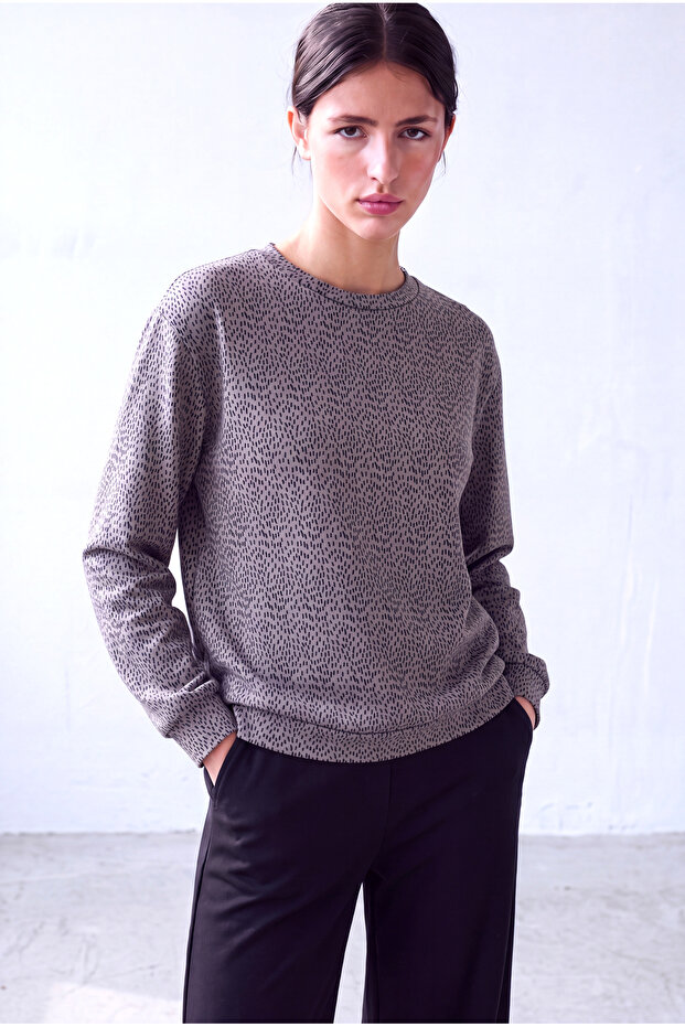 Women's Gray Patterned Cotton 2 Thread Crew Neck Long Sleeve Sweatshirt Isla