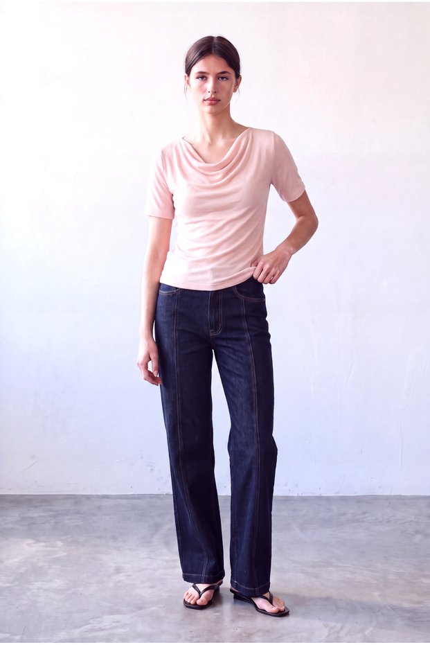 Dried Rose Melange Women's Dried Rose Melange Viscose Blended Flowy Degaje Collar Short Sleeve Gabrielle