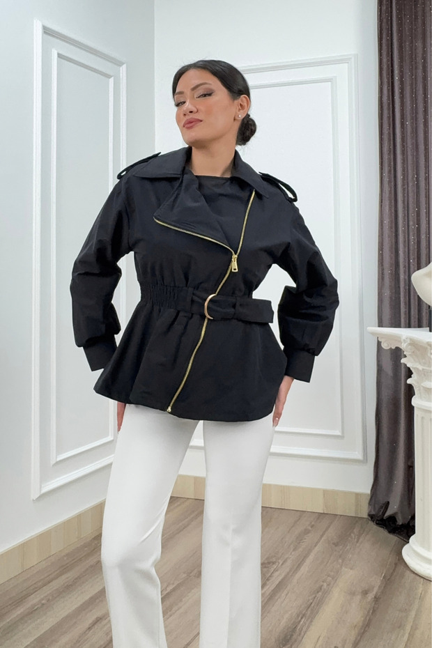 Women's Winter Black Solene Verev Zippered Short Trench Coat 8647