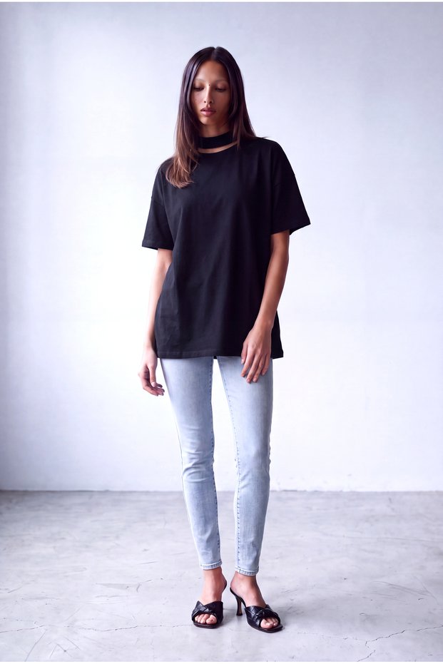 Women's Black Cotton Choker Collar Short Sleeve T-Shirt Janet