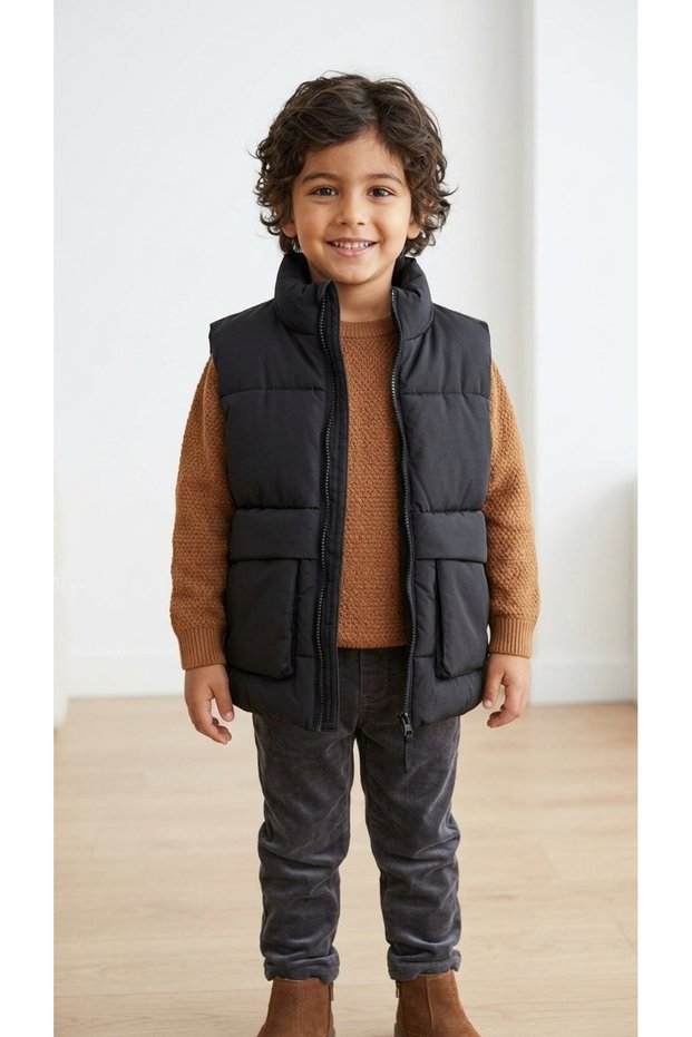 Boys' Stand Collar Puffer Vest - Double Pocket Casual Comfort Fit Vest