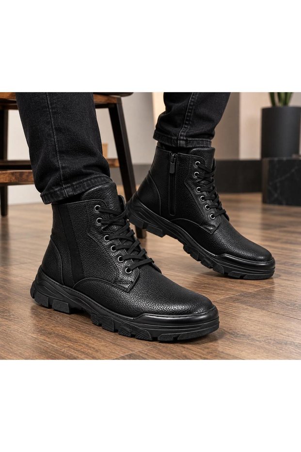 Taşpınar Lp %100 Genuine Leather Men's Daily Winter Rubber Non-Slip Sole Comfortable Zippered Boots 40-44