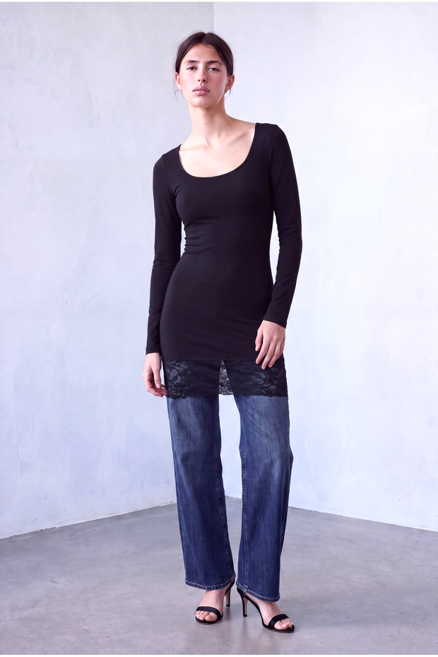 Women's Black Cotton Square Neck Long Sleeve Skirt with Lace Detail Long Blouse Mila