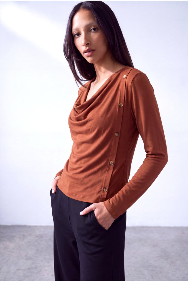 Tile Women's Tile Viscose Draped Collar Long Sleeve Button Detailed Blouse Felicia