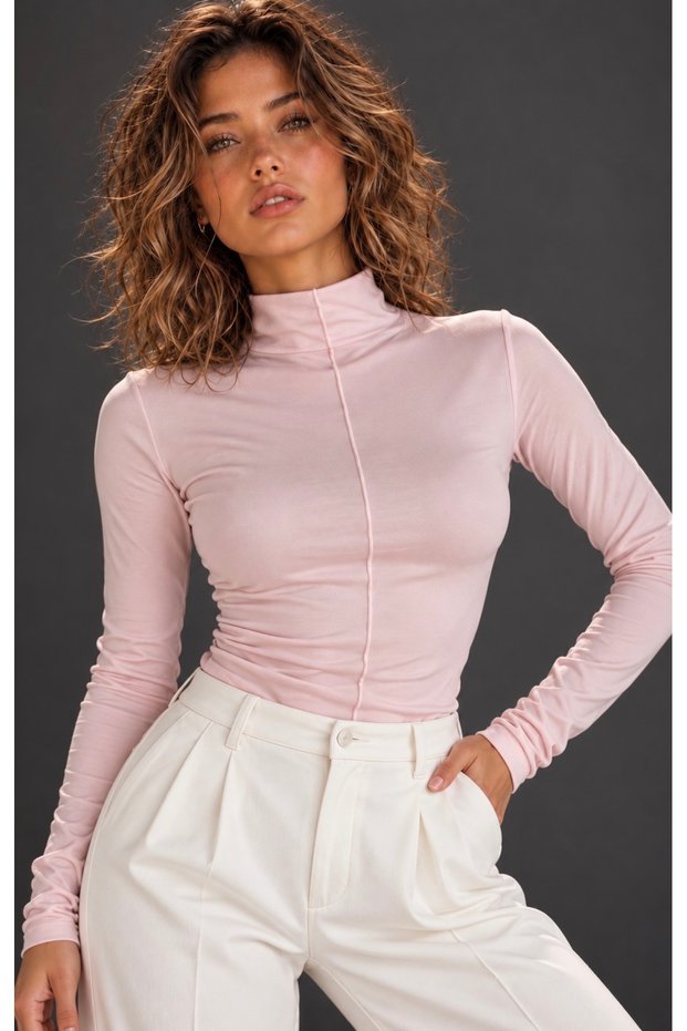 Women's Powder Color Stand Collar Blouse with Front Stripes Be552