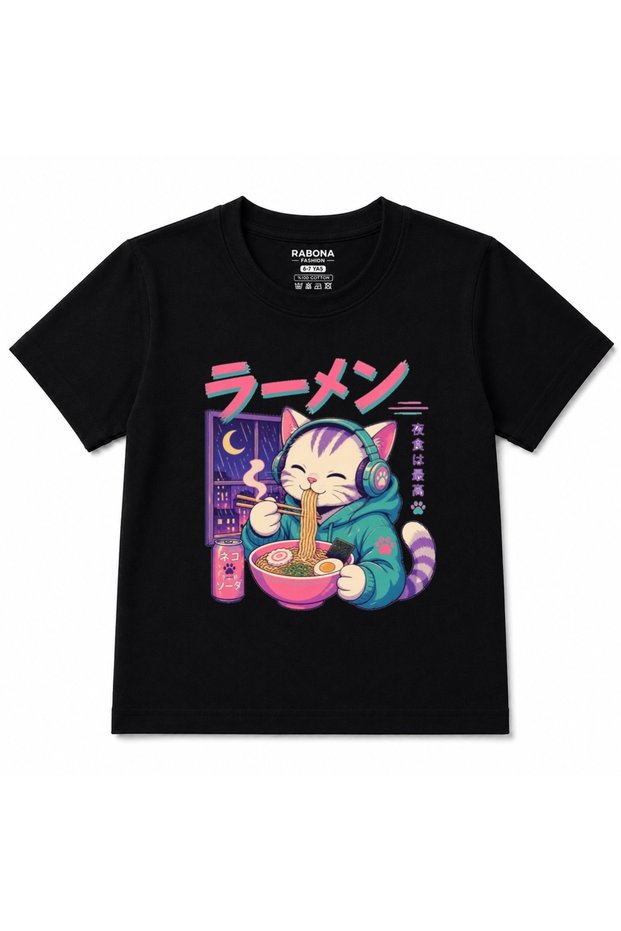 Midnight Ramen Cat Japanese Anime Graphic Kids T-Shirt