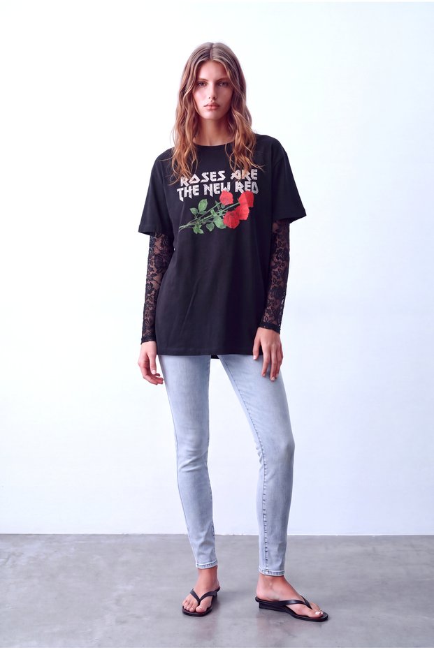 Women's Black Cotton Crew Neck Lace Sleeve Rose Printed T-Shirt Vanessa