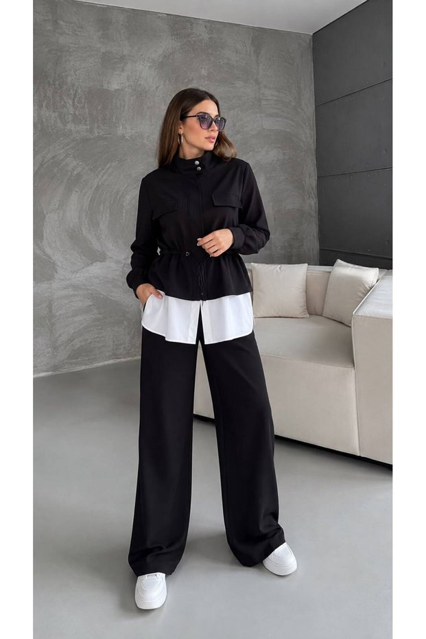 Women's Modest Cotton Two-Piece Set - Zip-Up Jacket and Wide-Leg Pants