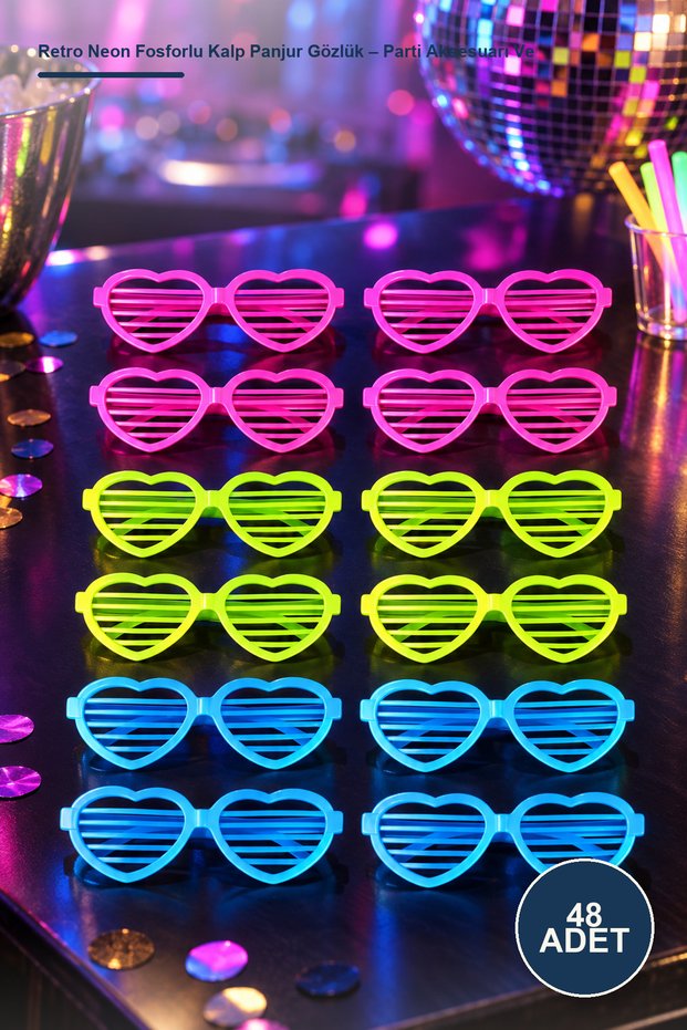 48 Pieces Retro Neon Highlighter Heart Shutter Glasses – Party Accessory and Entertainment Glasses, Highlighter Heart Design, Plastic Material, Neon Pink Green Blue, Shutter Shades
