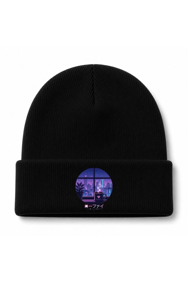 Tokyo Midnight Lo-Fi Neon Rain Coffee Aesthetic Graphic Beanie
