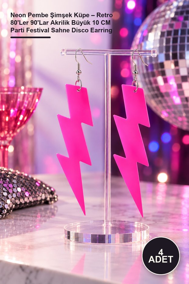 4 Pcs Neon Pink Lightning Bolt Earrings – Retro 80's 90's Acrylic Large 10 cm Party Festival Stage Disco Earring