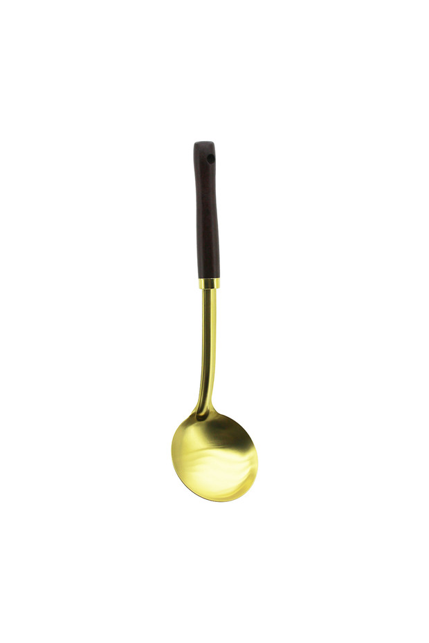 Metal Serving Ladle with Wooden Handle, 35cm, Gold, Bzeldr05.