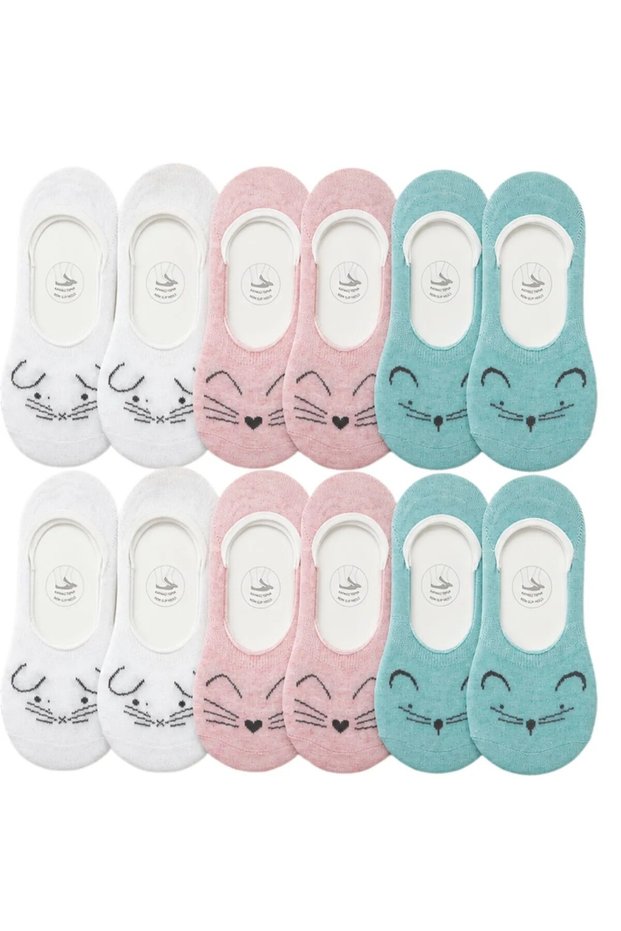 Night Women's Invisible Ballerina Socks with Animal Figures, Pack of 6 | Cotton Non-Slip Heel, Ecru Pink Mint